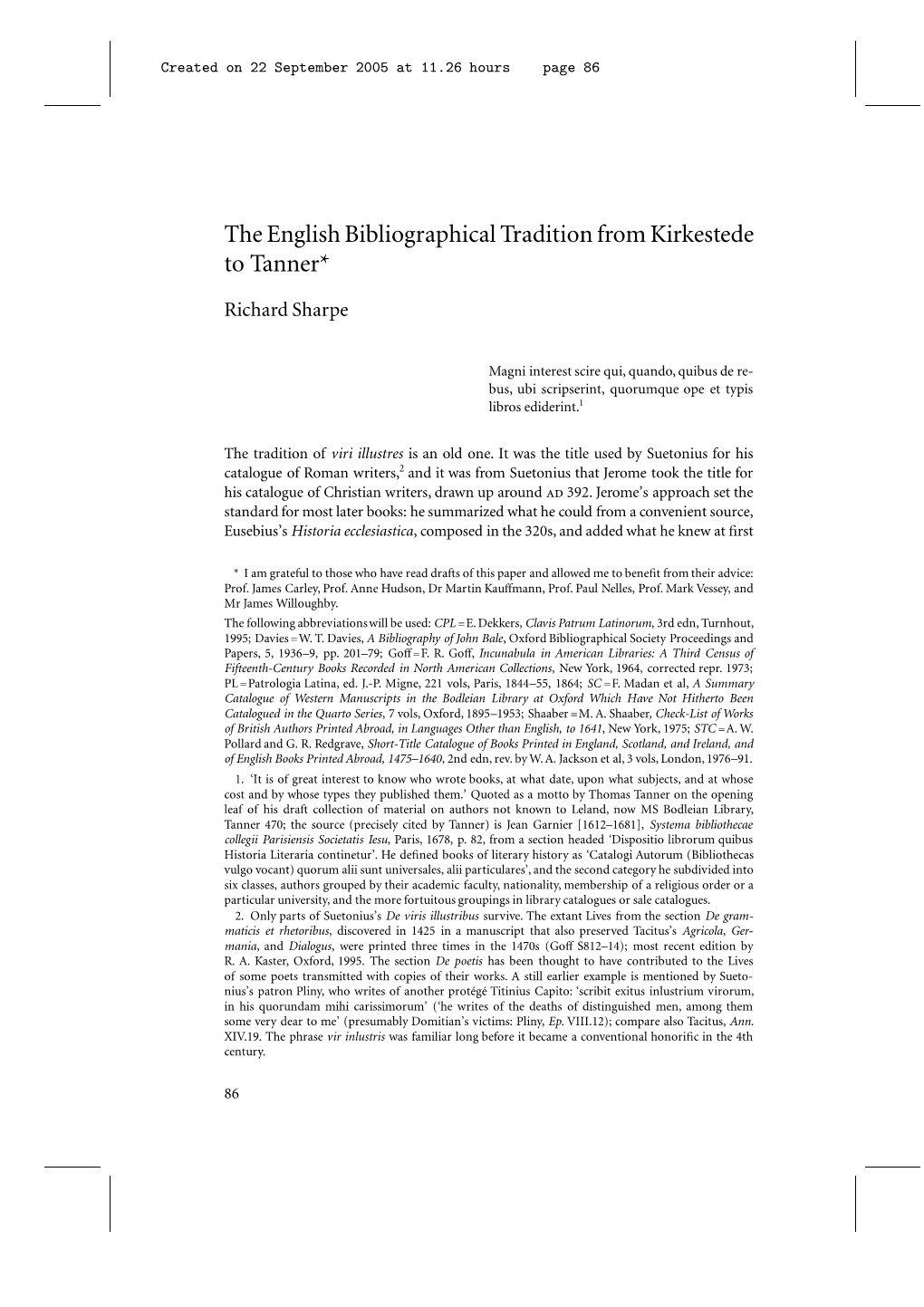 The English Bibliographical Tradition from Kirkestede to Tanner*
