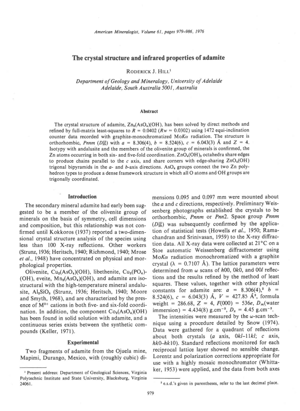 The Crystal Structure and Infrared Properties of Adamite