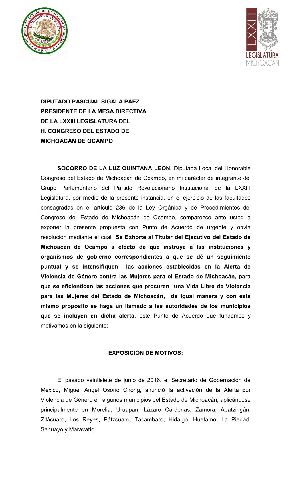 Diputado Pascual Sigala Paez Presidente De La Mesa Directiva De La Lxxiii Legislatura Del H