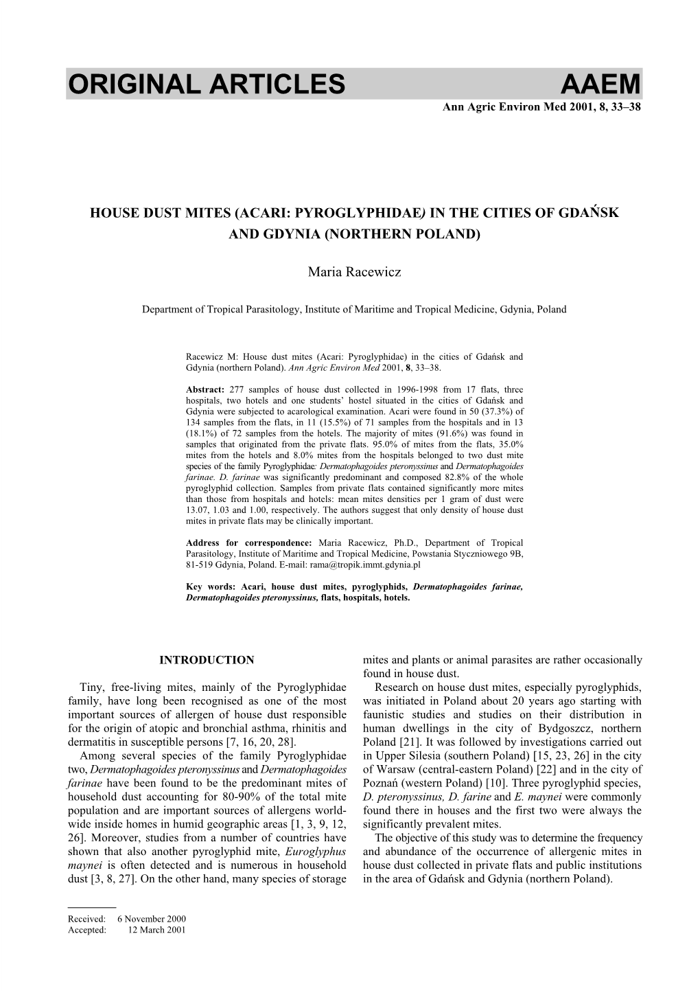 ORIGINAL ARTICLES AAEM Ann Agric Environ Med 2001, 8, 33–38