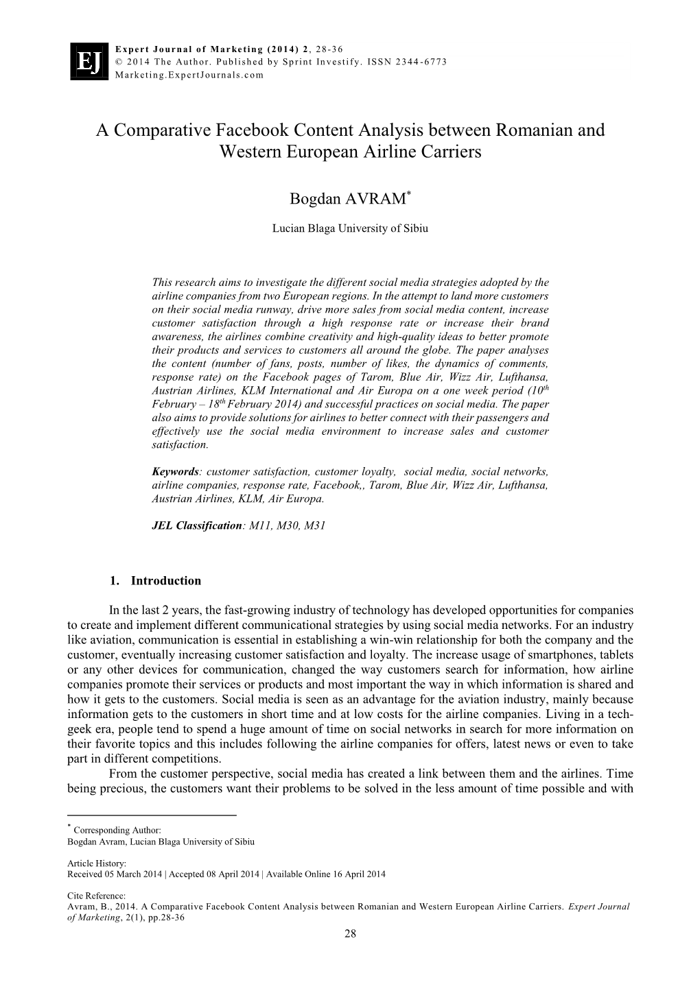 A Comparative Facebook Content Analysis Between Romanian and Western European Airline Carriers