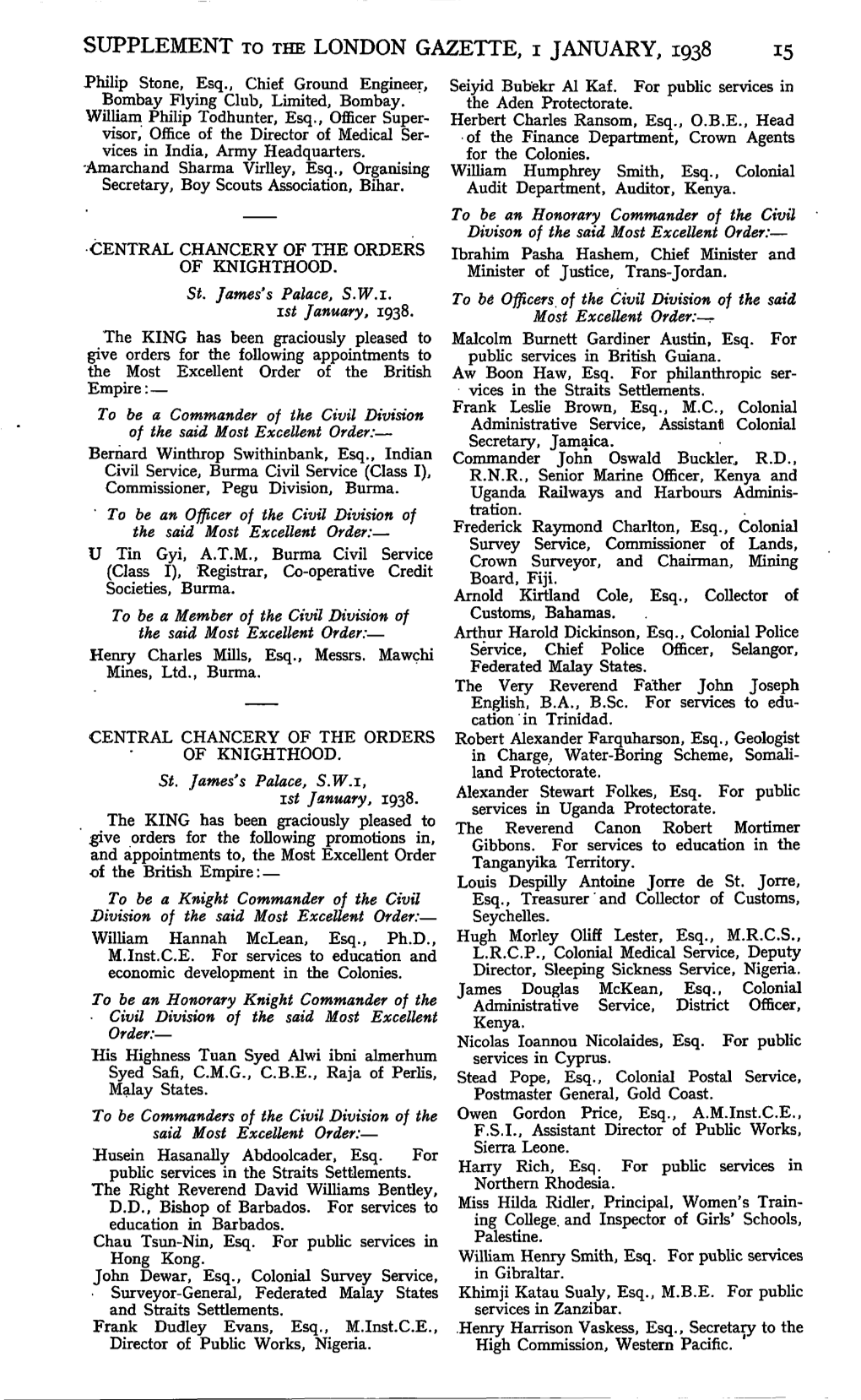 SUPPLEMENT to the LONDON GAZETTE, I JANUARY, 1938 15
