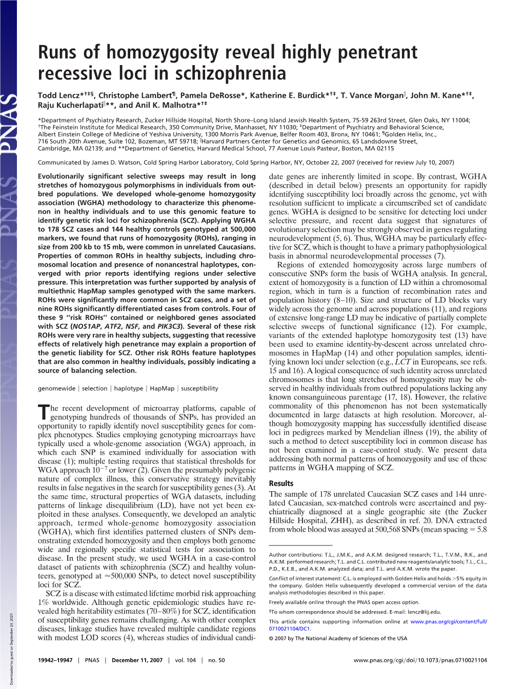 Runs of Homozygosity Reveal Highly Penetrant Recessive Loci in Schizophrenia