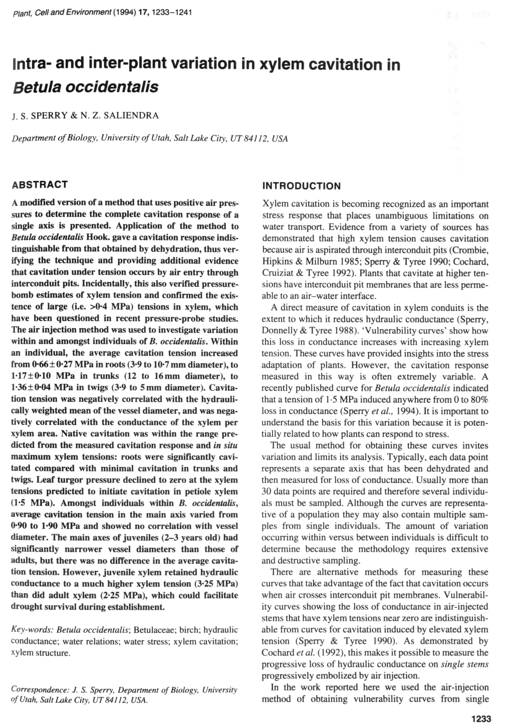 Intra- and Inter-Plant Variation in Xylem Cavitation in Betula Occidentalis