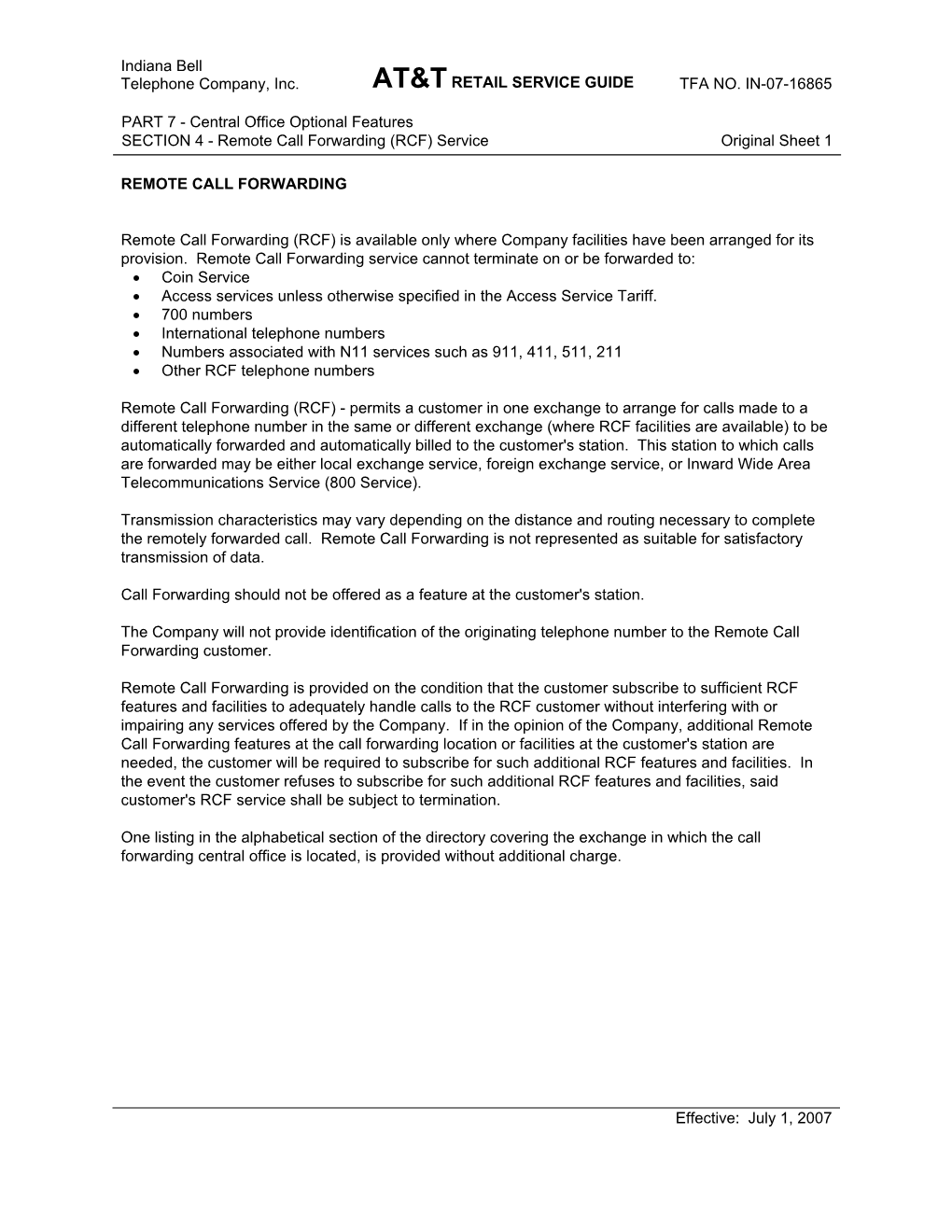 SECTION 4 - Remote Call Forwarding (RCF) Service Original Sheet 1