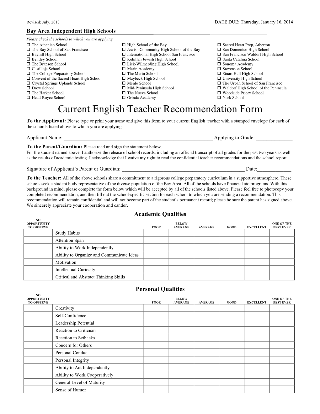 Current English Teacher Recommendation Form