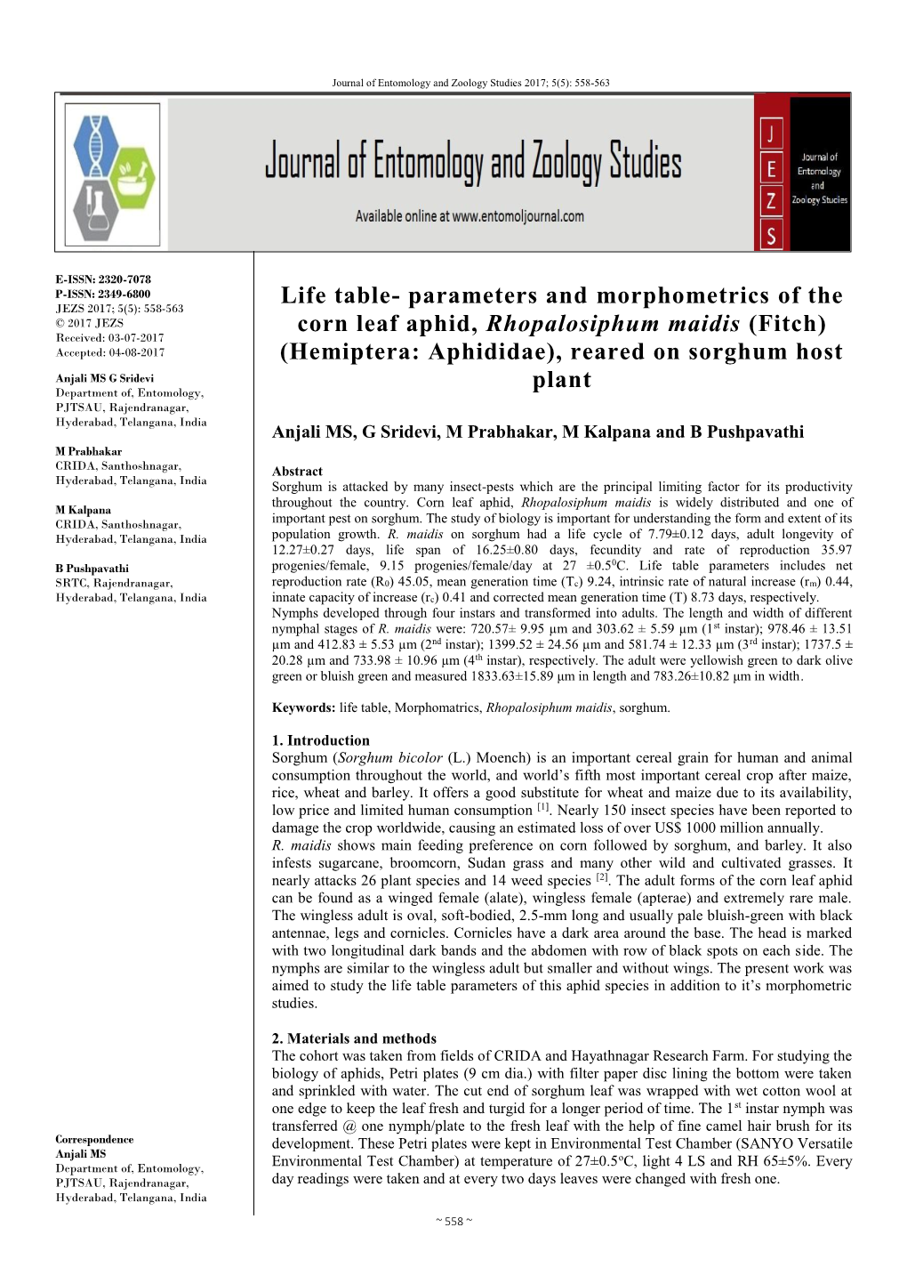 Parameters and Morphometrics of the Corn Leaf Aphid, Rhopalosiphum