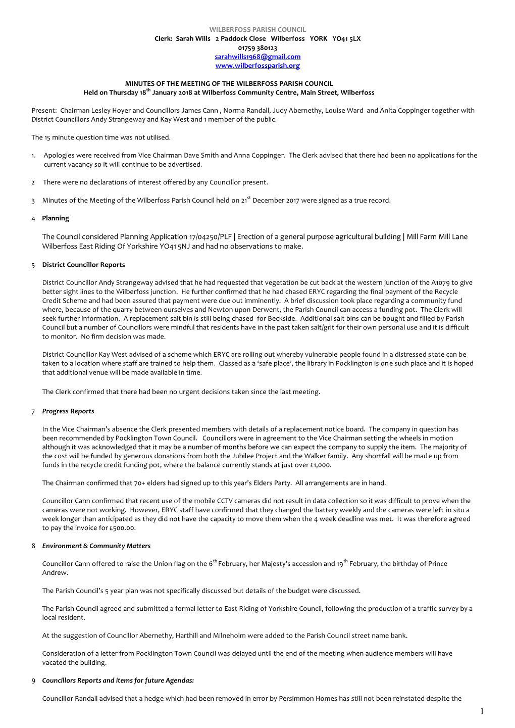 WILBERFOSS PARISH COUNCIL Clerk: Sarah Wills 2 Paddock Close Wilberfoss YORK YO41 5LX 01759 380123 Sarahwills1968@Gmail.Com