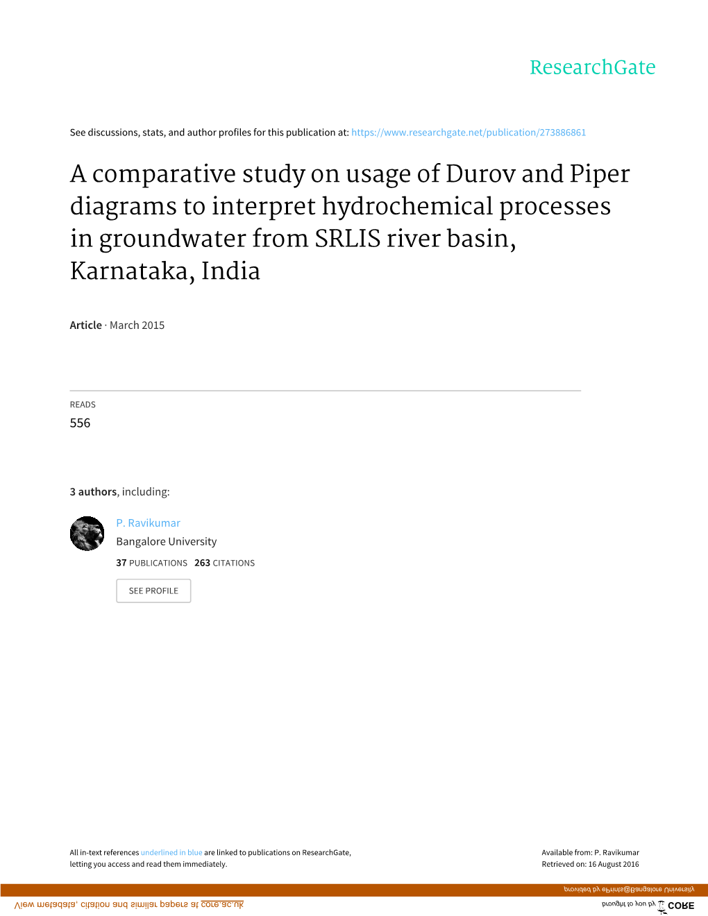 A Comparative Study on Usage of Durov and Piper Diagrams to Interpret Hydrochemical Processes in Groundwater from SRLIS River Basin, Karnataka, India