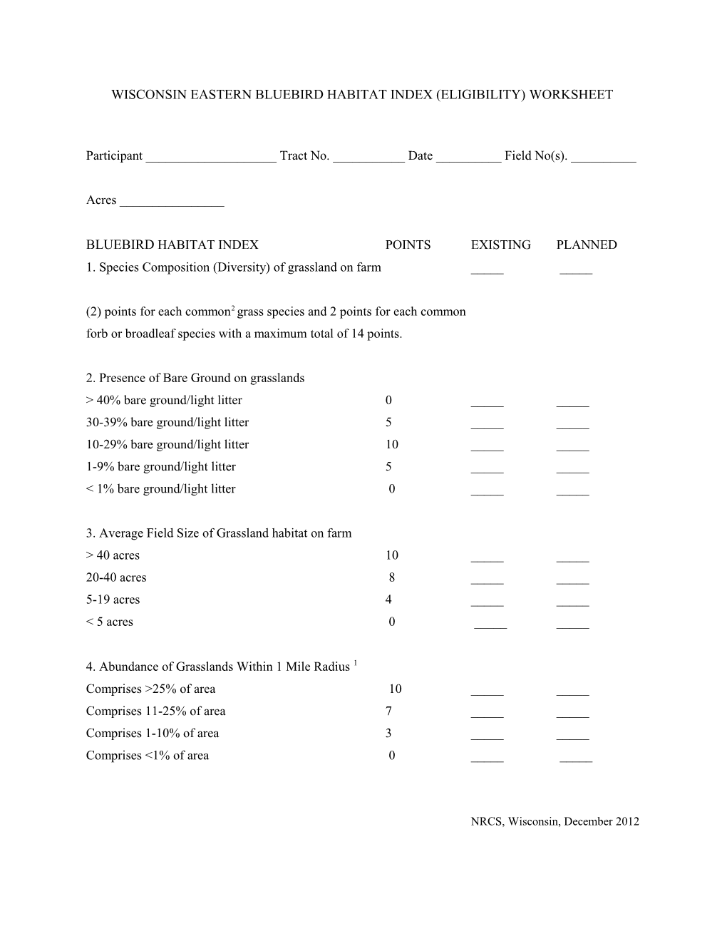 Wisconsin Eastern Bluebird Habitat Index (Eligibility) Worksheet