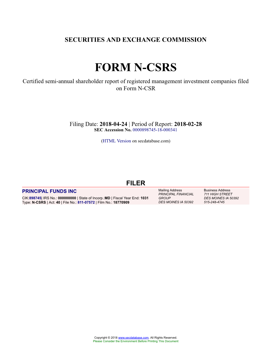 FUNDS INC Form N-CSRS Filed 2018-04-24