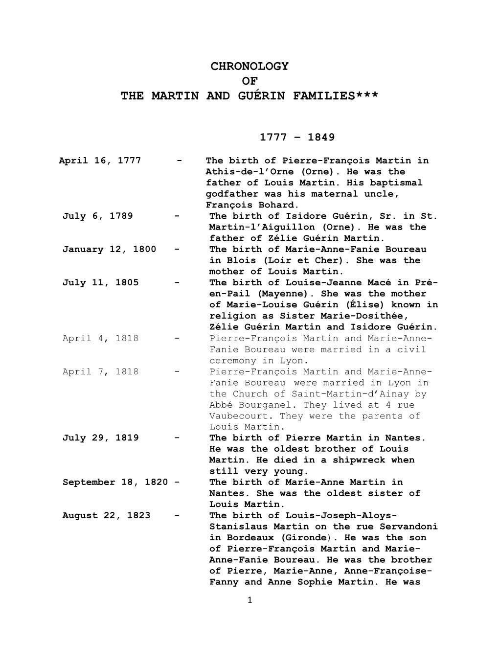 Chronology of the Martin and Guérin Families***