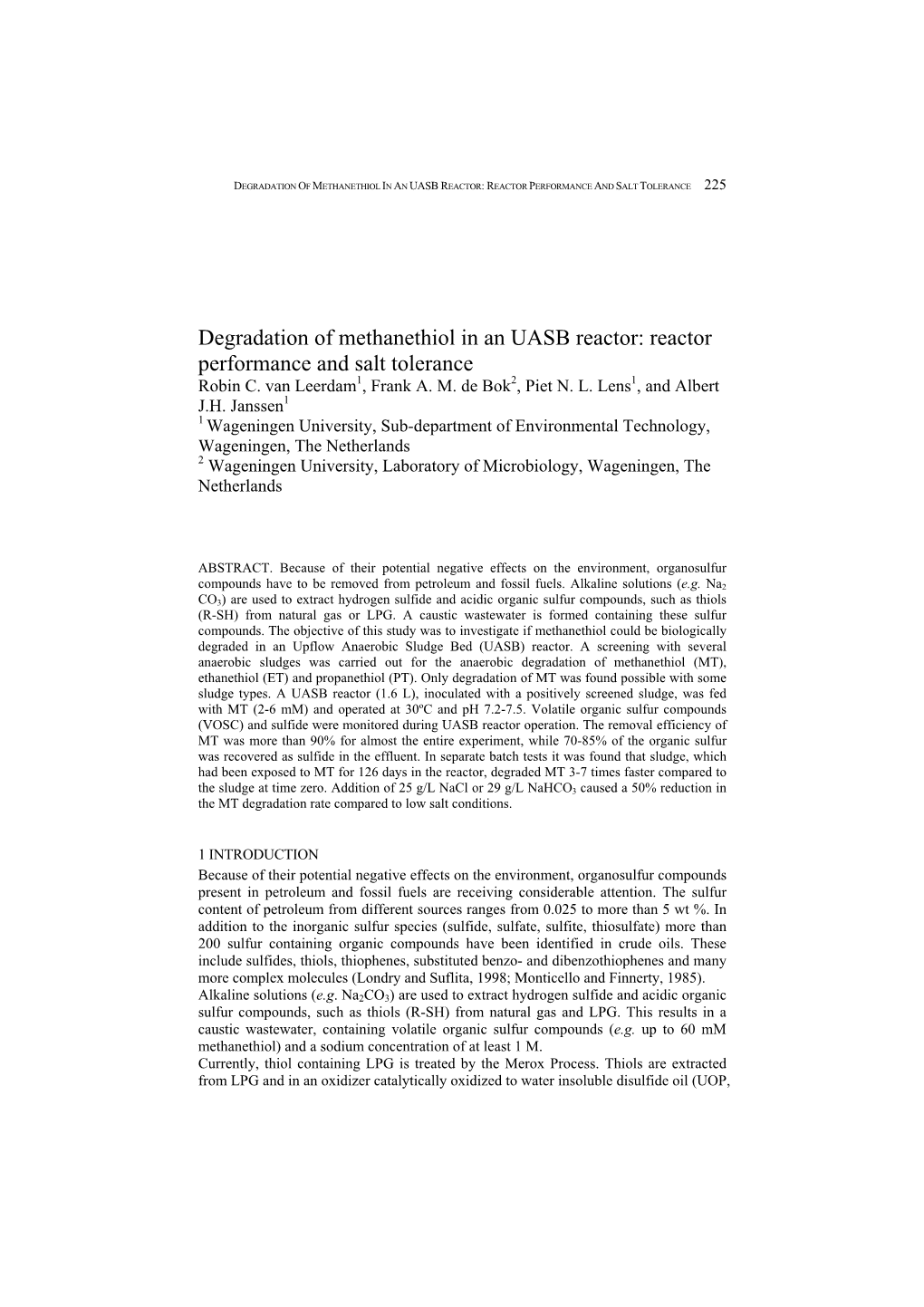 Degradation of Methanethiol in an Uasb Reactor: Reactor Performance and Salt Tolerance 225