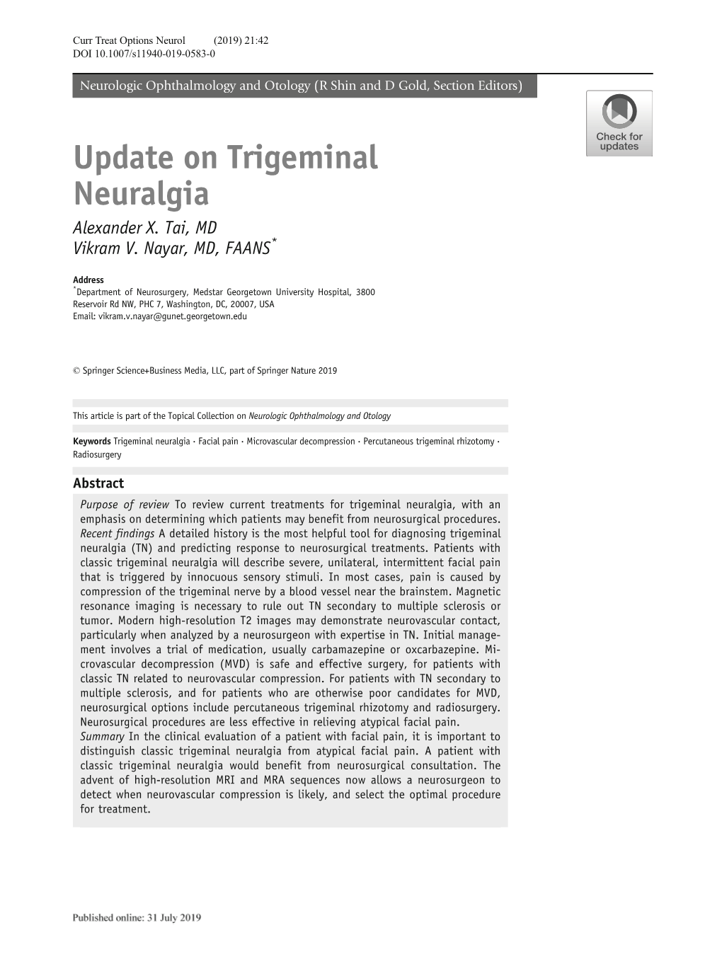 Update on Trigeminal Neuralgia Alexander X