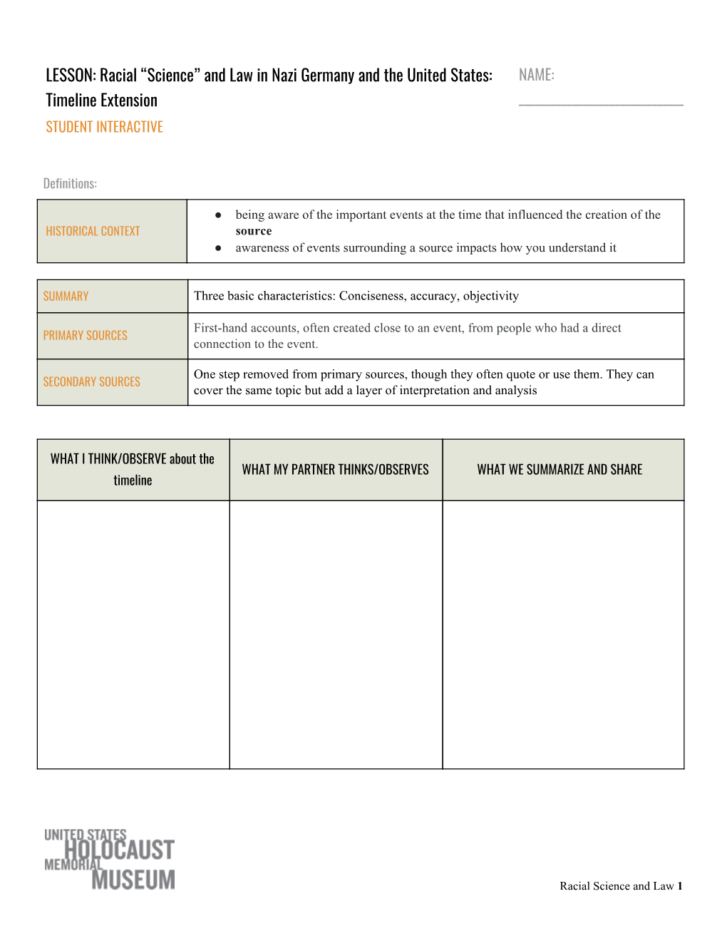 LESSON: Racial “Science” and Law in Nazi Germany and the United States: NAME: Timeline Extension ______STUDENT INTERACTIVE