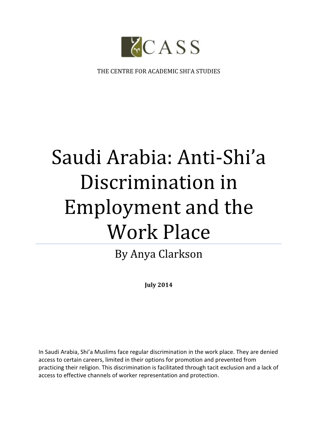 Saudi Arabia: Anti-Shi’A Discrimination in Employment and the Work Place by Anya Clarkson