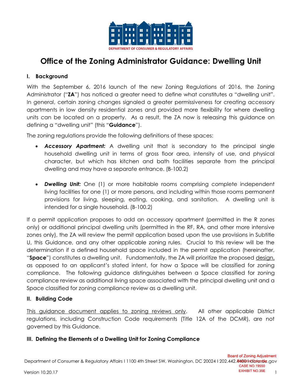Office of the Zoning Administrator Guidance: Dwelling Unit