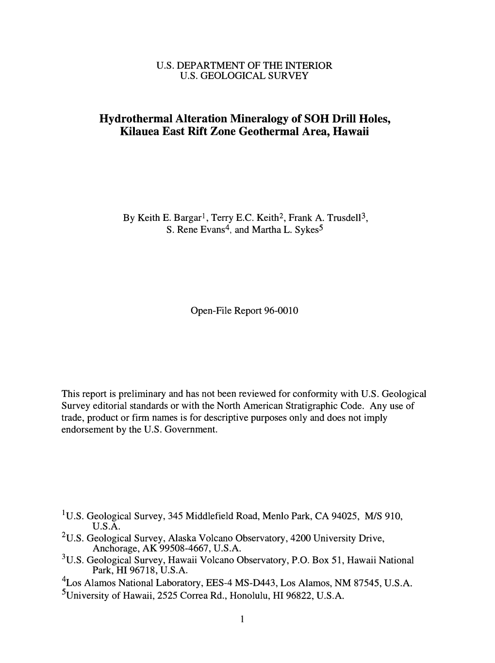 Hydrothermal Alteration Mineralogy of SOH Drill Holes, Kilauea East Rift Zone Geothermal Area, Hawaii