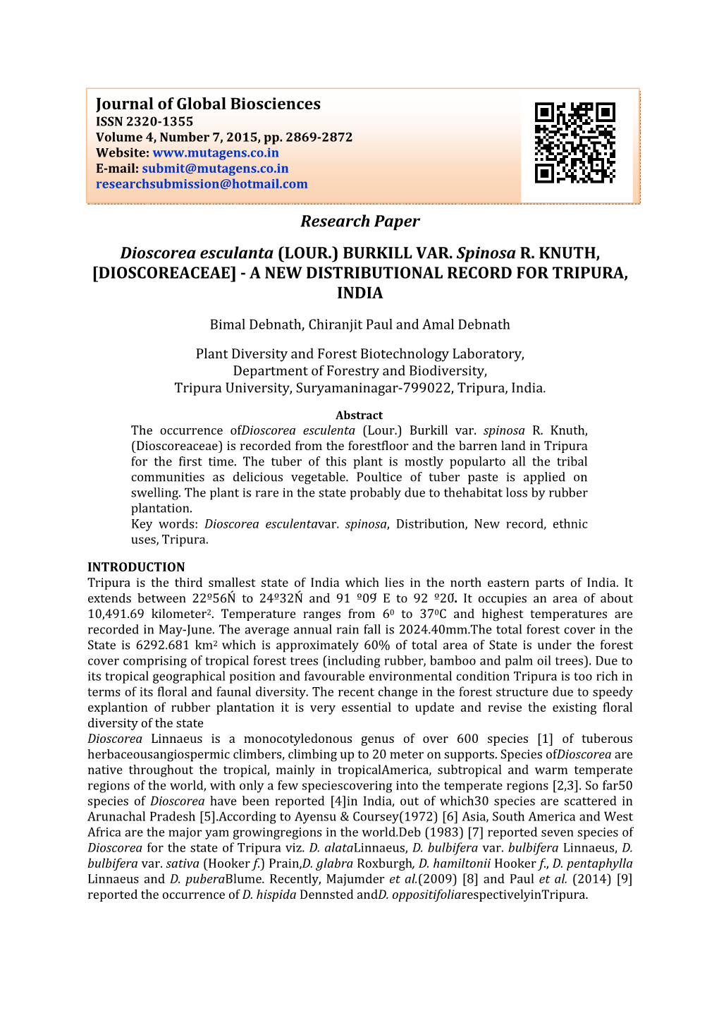 Research Paper Dioscorea Esculanta (LOUR.) BURKILL VAR. Spinosa R