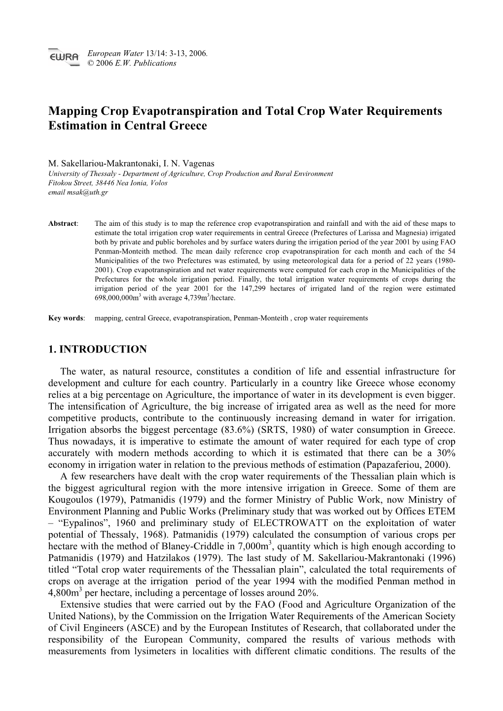 Mapping Crop Evapotranspiration and Total Crop Water Requirements Estimation in Central Greece