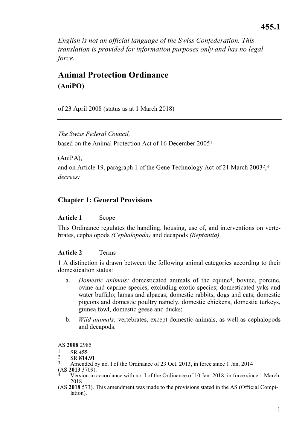 Animal Protection Ordinance (Anipo) of 23 April 2008 (Status As at 1 March 2018)