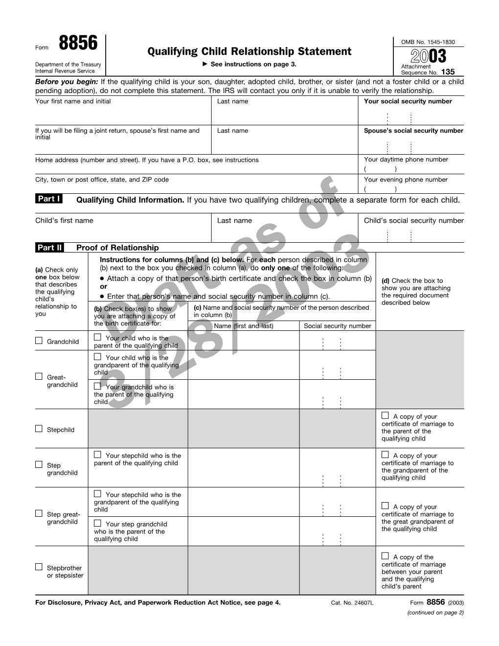 Qualifying Child Relationship Statement � 2003 Department of the Treasury See Instructions on Page 3