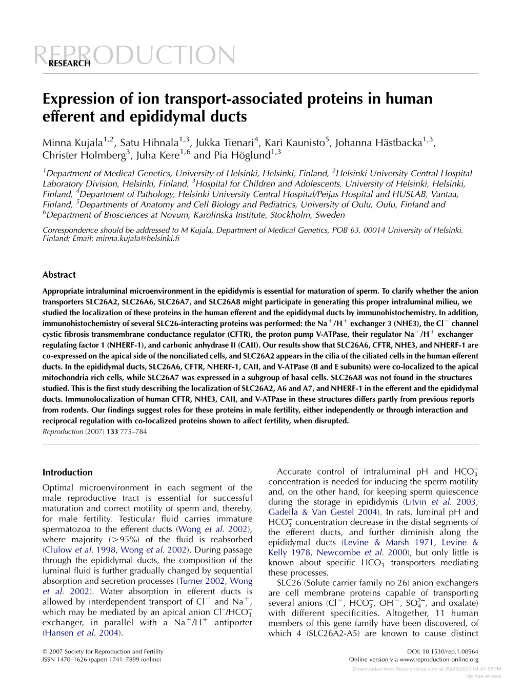 Expression of Ion Transport-Associated Proteins in Human Efferent and Epididymal Ducts