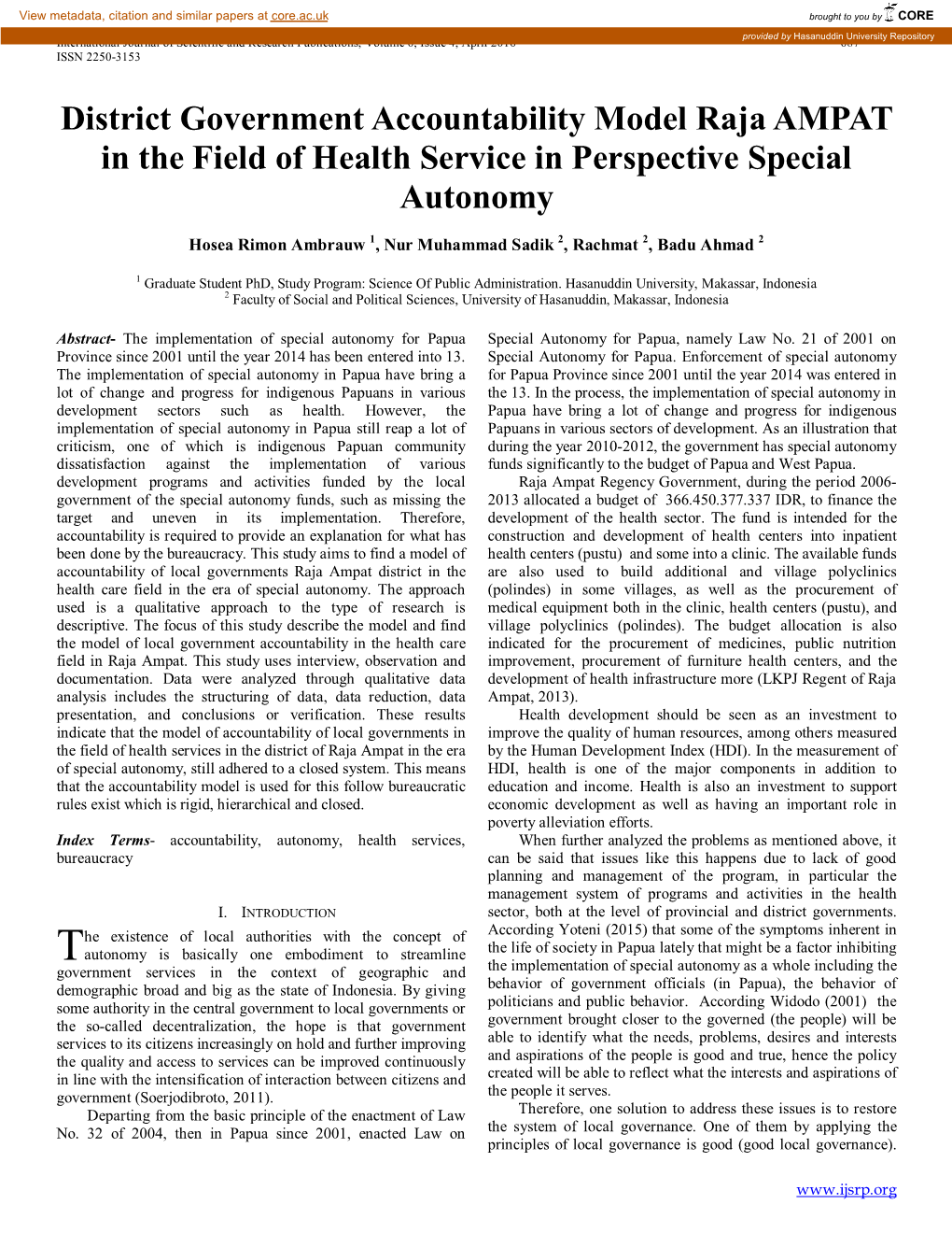 District Government Accountability Model Raja AMPAT in the Field of Health Service in Perspective Special Autonomy