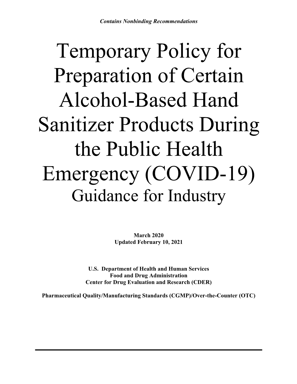 Temporary Policy for Preparation of Alcohol-Based Hand Sanitizer