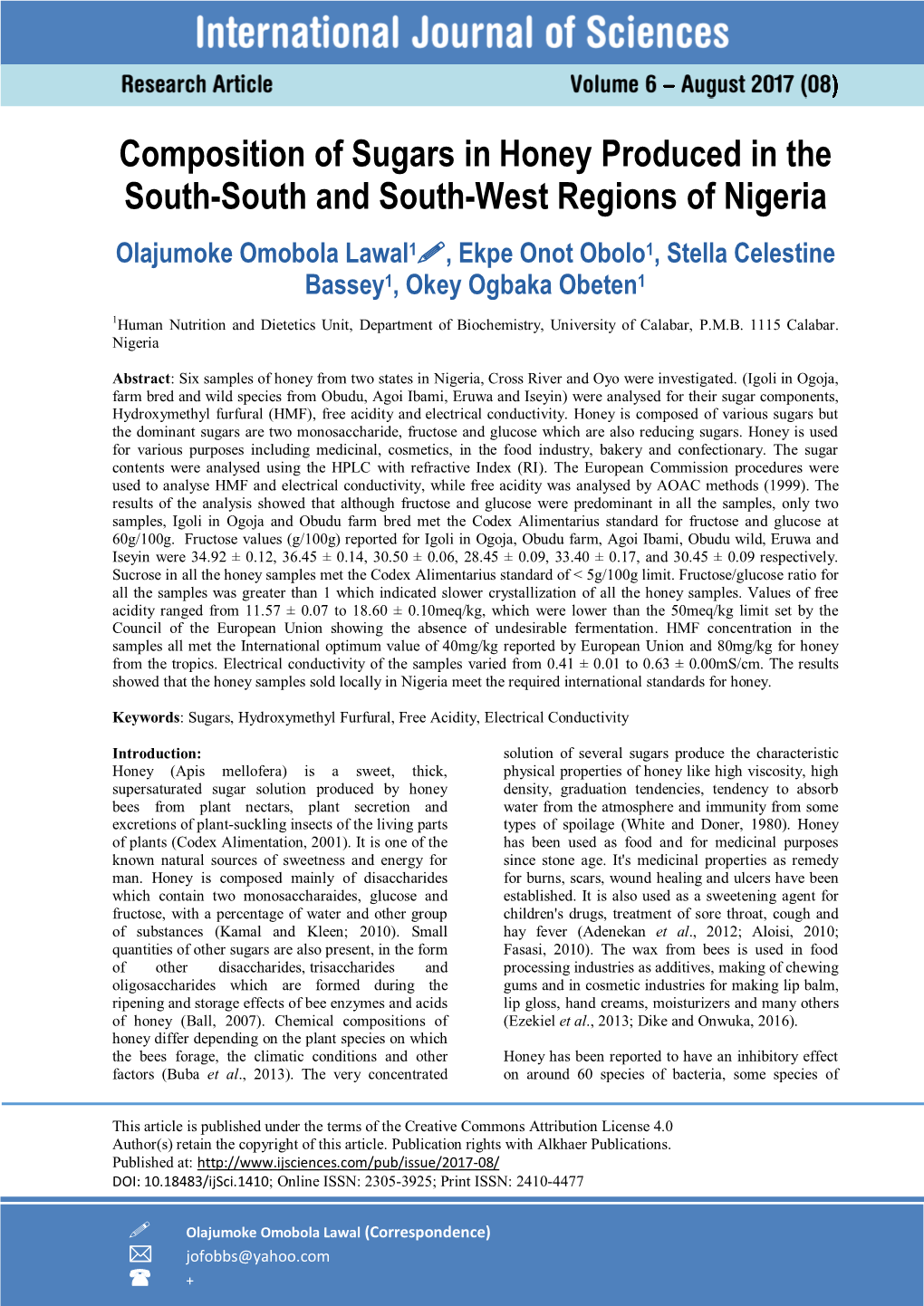 Composition of Sugars in Honey Produced in the South-South and South-West Regions of Nigeria