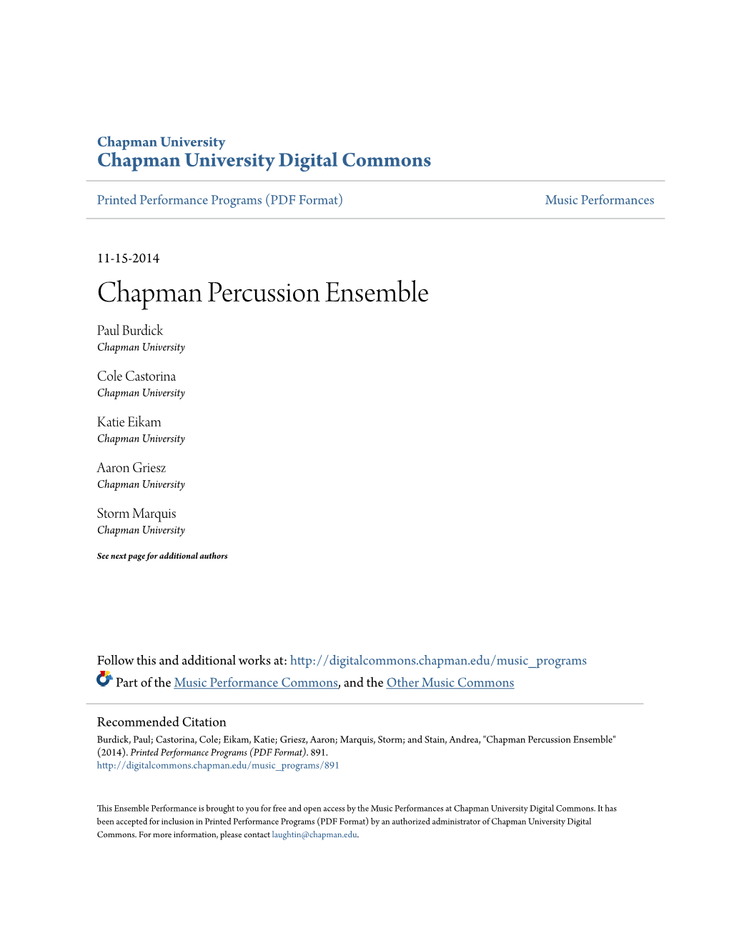Chapman Percussion Ensemble Paul Burdick Chapman University