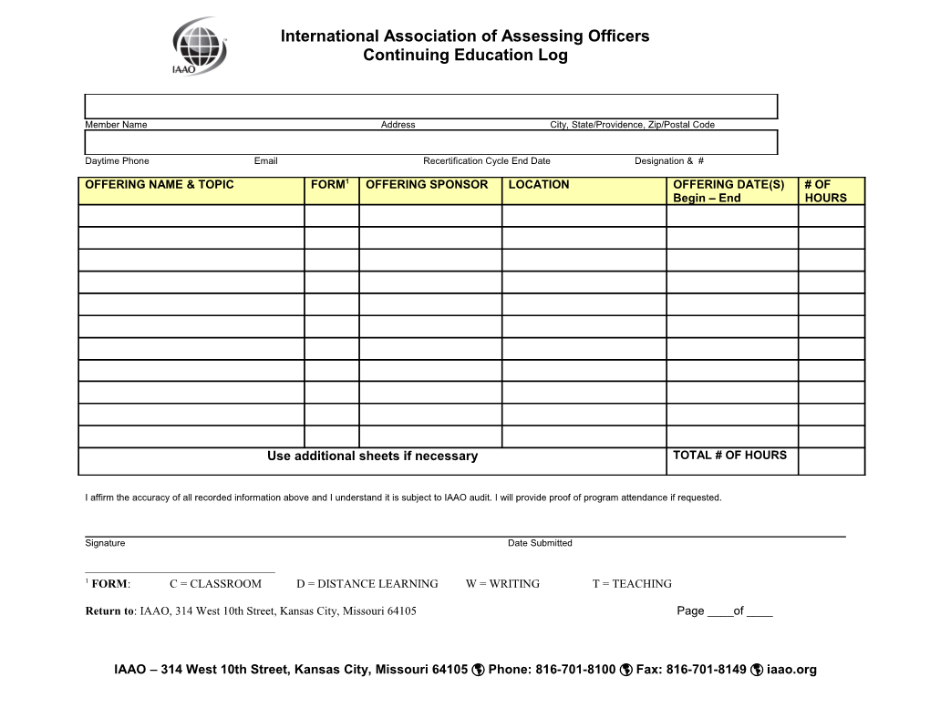 Continuing Education Log International Association of Assessing Officers (IAAO)