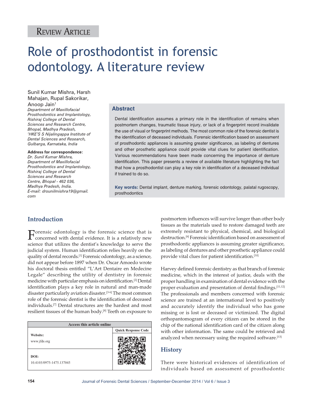 Role of Prosthodontist in Forensic Odontology. a Literature Review