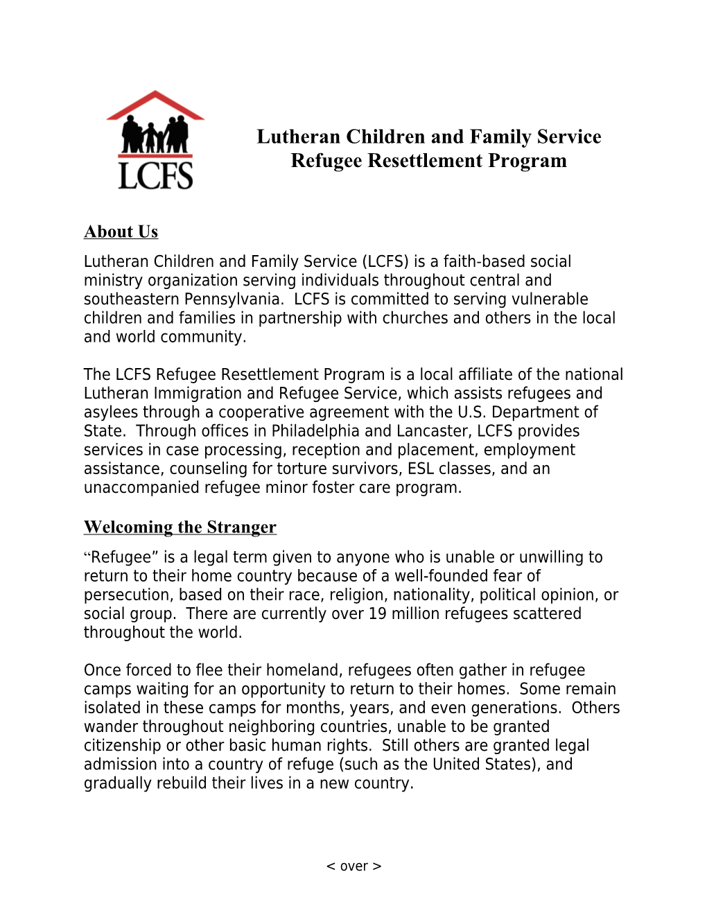 Introduction to Lutheran Children and Family Service Refugee Resettlement Program