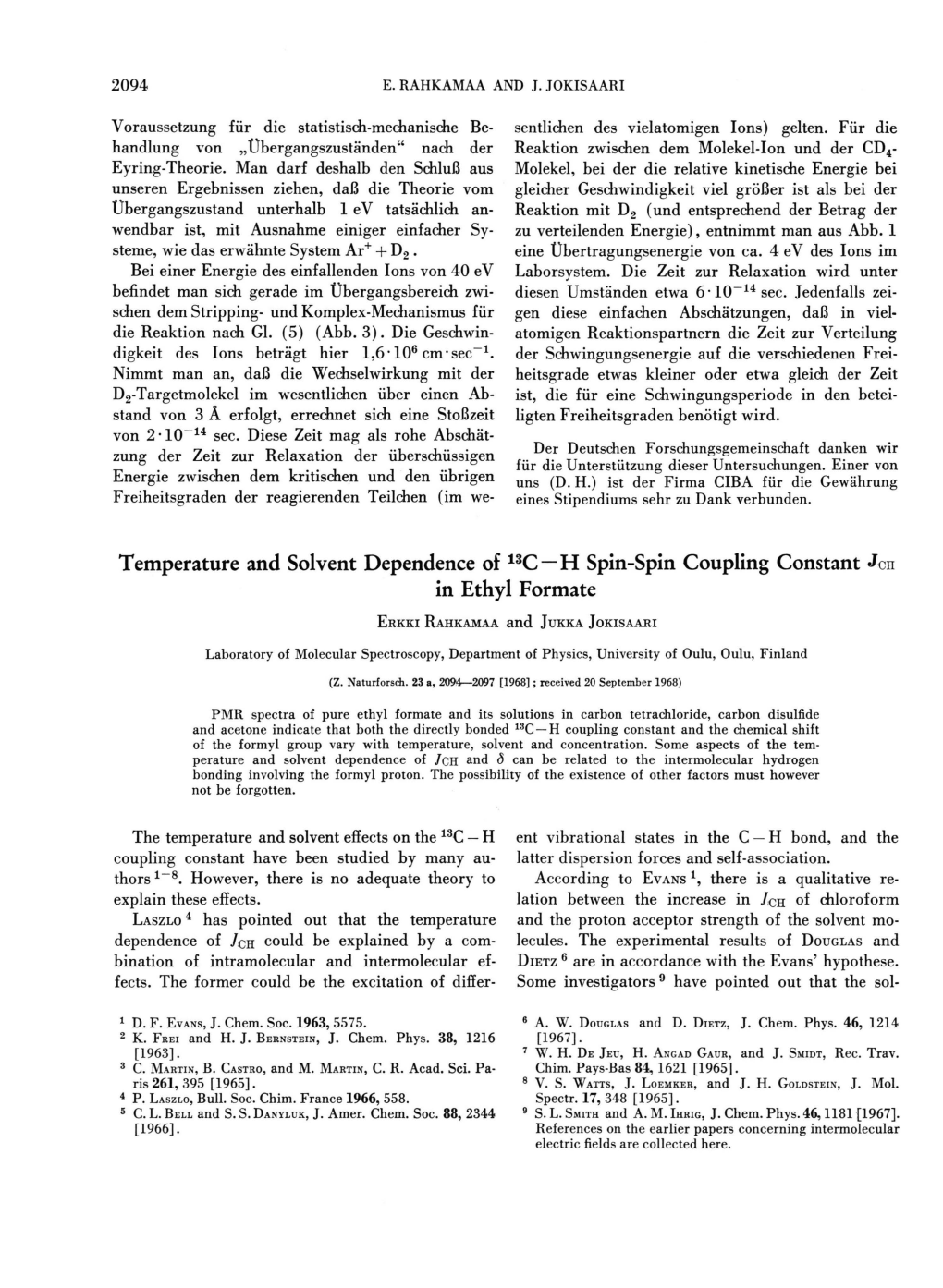 Temperature and Solvent Dependence of 13 C—H Spin-Spin Coupling Constant JCH in Ethyl Formate