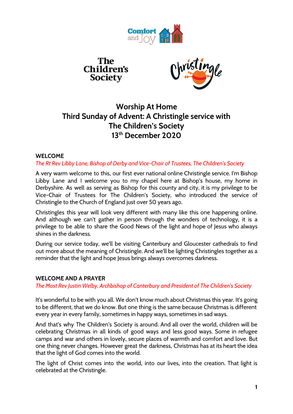 Worship at Home Third Sunday of Advent: a Christingle Service with the Children’S Society 13T​ H​ December 2020