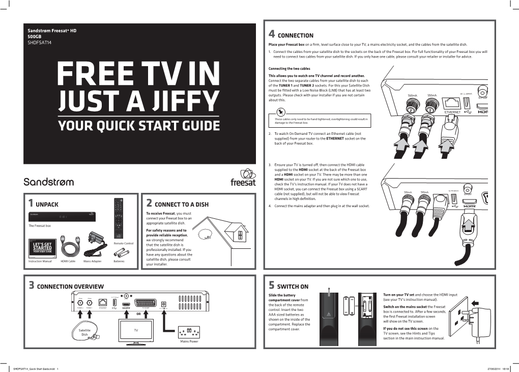 SANDSTROM Freesat HD 500GB Set-Top Box SHDFSAT14 Quick Start