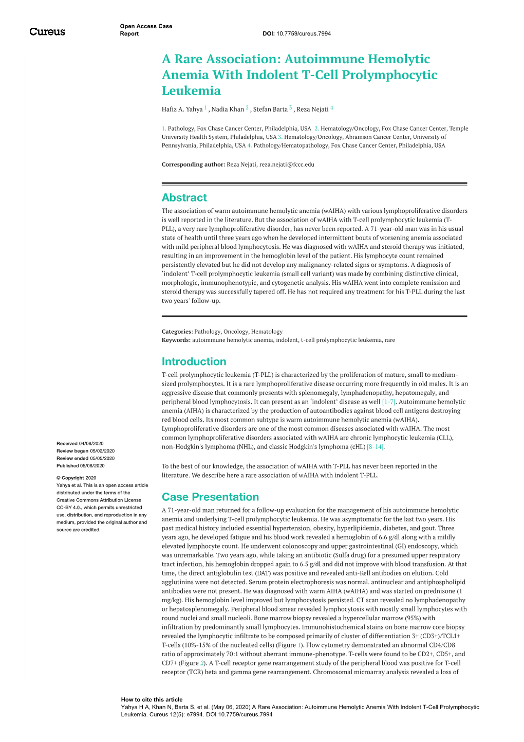 Autoimmune Hemolytic Anemia with Indolent T-Cell Prolymphocytic Leukemia