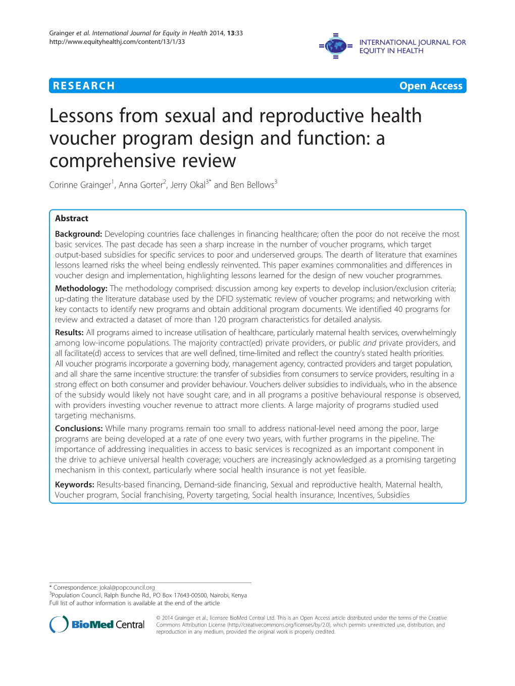 Lessons from Sexual and Reproductive Health Voucher Program Design and Function: a Comprehensive Review Corinne Grainger1, Anna Gorter2, Jerry Okal3* and Ben Bellows3