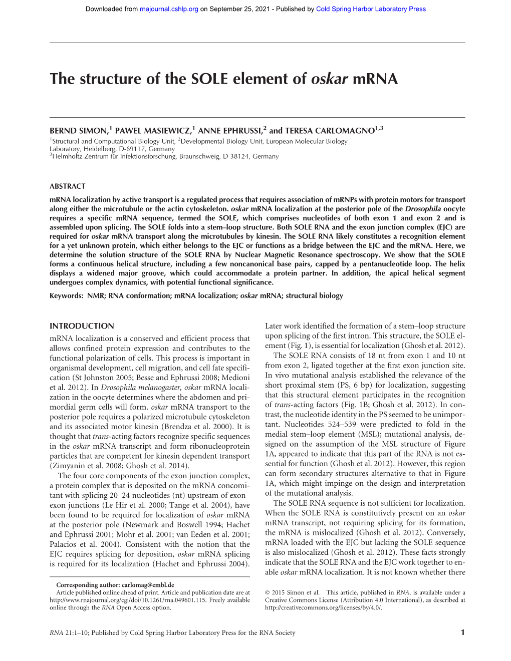 The Structure of the SOLE Element of Oskar Mrna