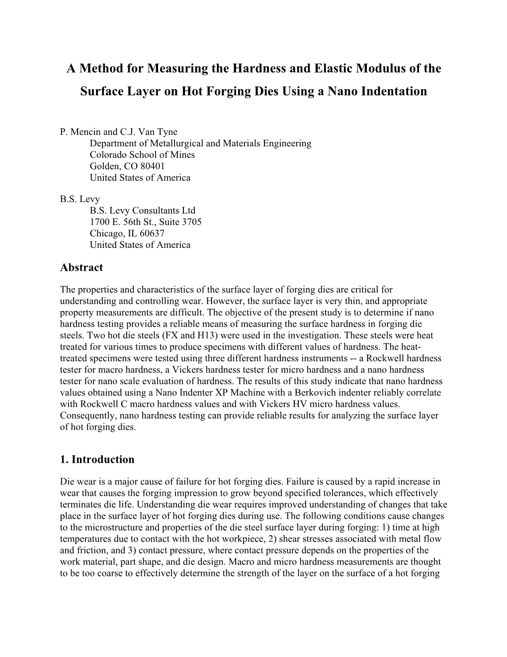 A Method for Measuring the Hardness and Elastic Modulus of the Surface Layer on Hot Forging Dies Using a Nano Indentation