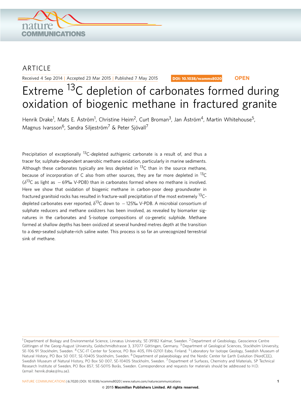 Extreme 13C Depletion of Carbonates Formed During Oxidation of Biogenic Methane in Fractured Granite