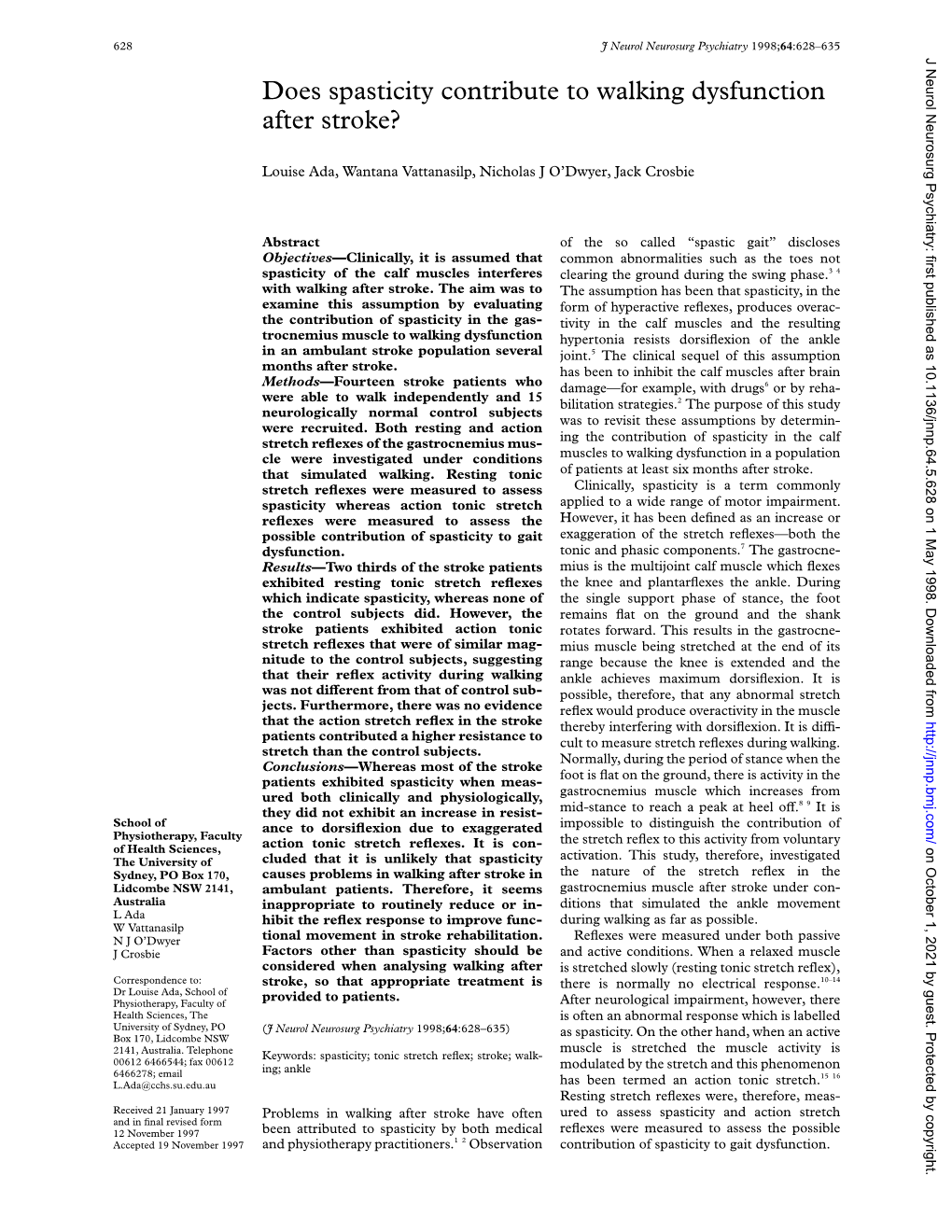 Does Spasticity Contribute to Walking Dysfunction After Stroke?