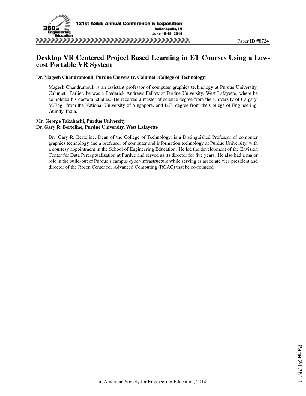 Desktop VR Centered Project Based Learning in ET Courses Using a Low- Cost Portable VR System