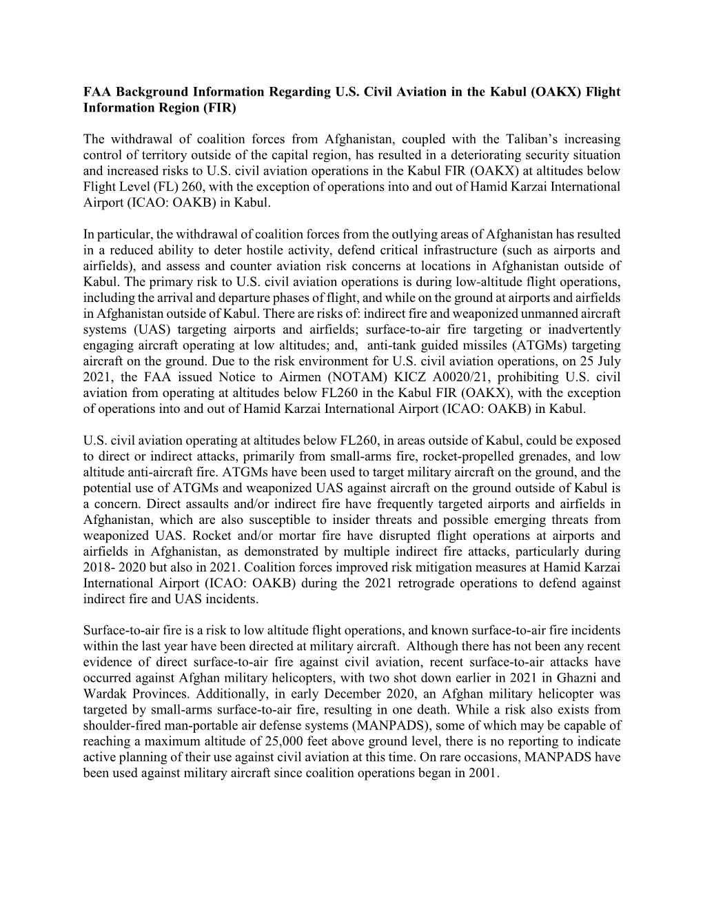 FAA Background Information Regarding U.S. Civil Aviation in the Kabul (OAKX) Flight Information Region (FIR) the Withdrawal of C