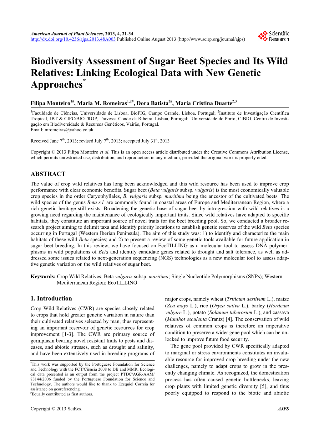 Biodiversity Assessment of Sugar Beet Species and Its Wild Relatives: Linking Ecological Data with New Genetic Approaches*