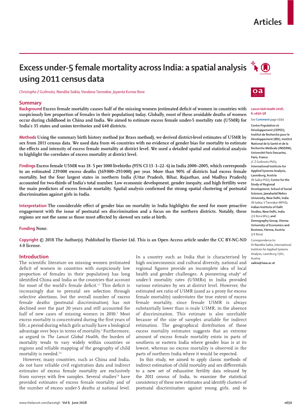 Articles Excess Under-5 Female Mortality Across India