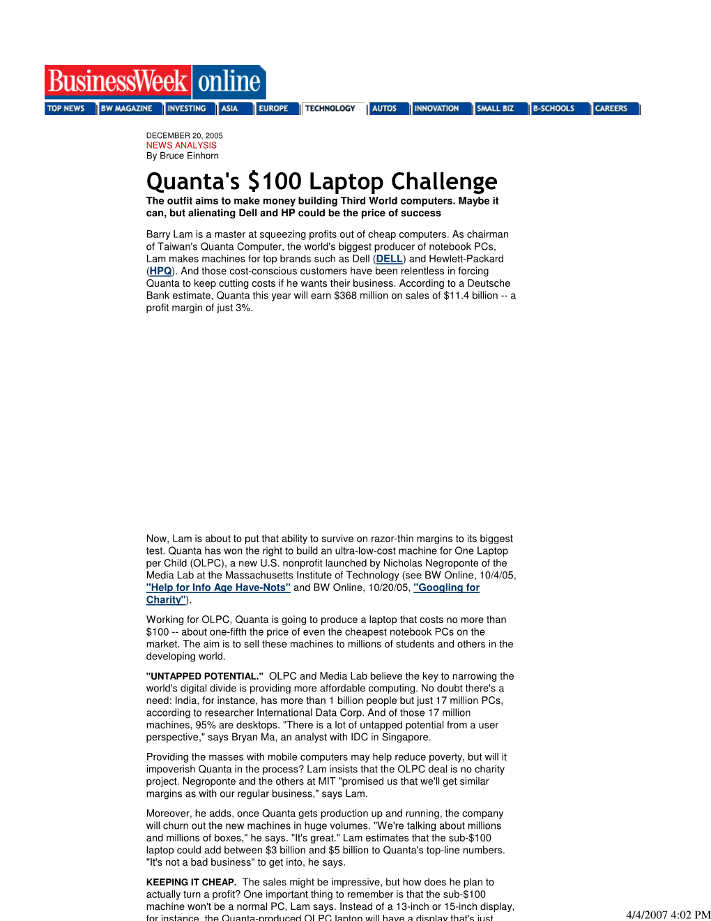Quanta's $100 Laptop Challenge the Outfit Aims to Make Money Building Third World Computers