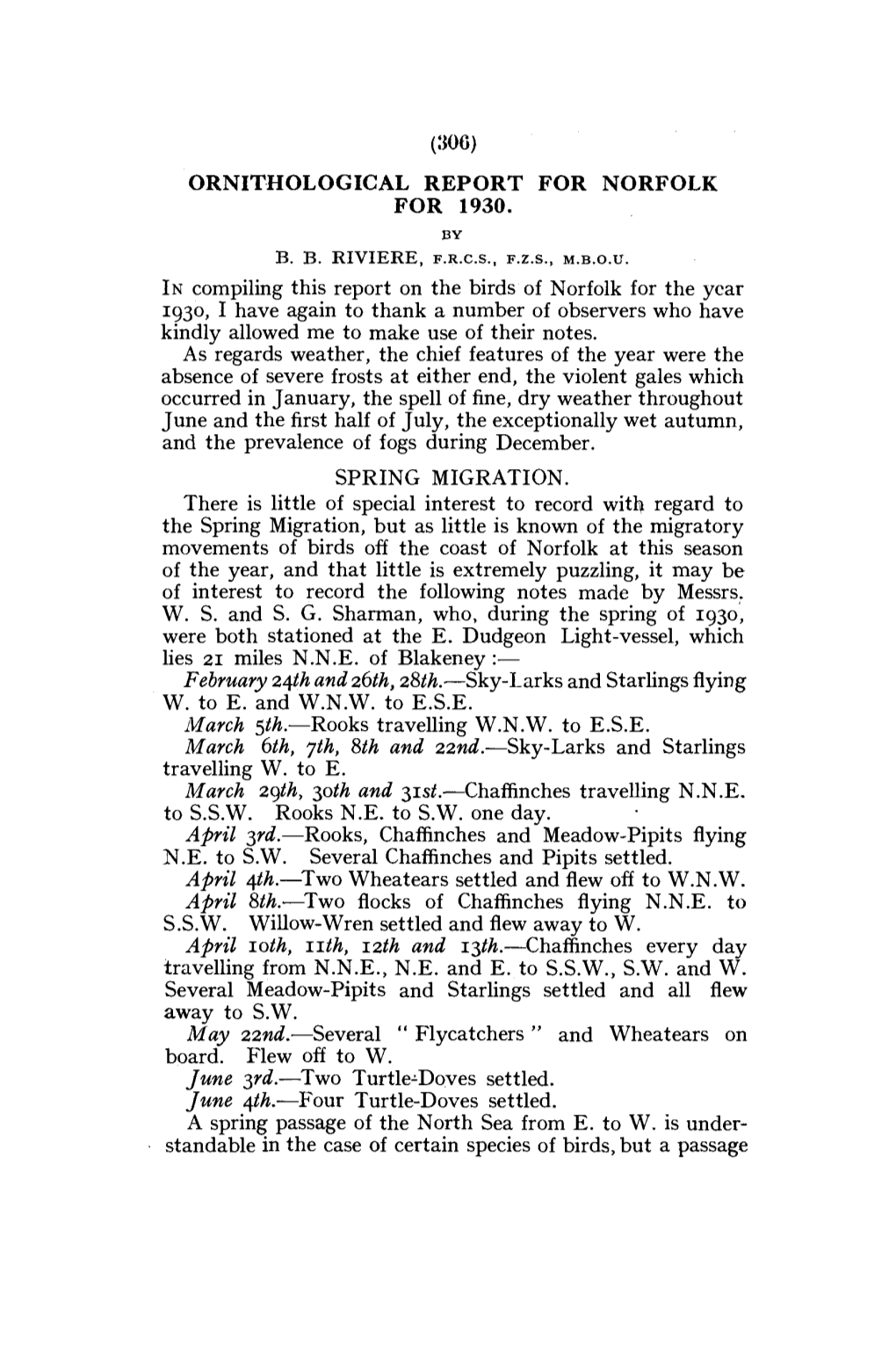 ORNITHOLOGICAL REPORT for NORFOLK for 1930. in Compiling