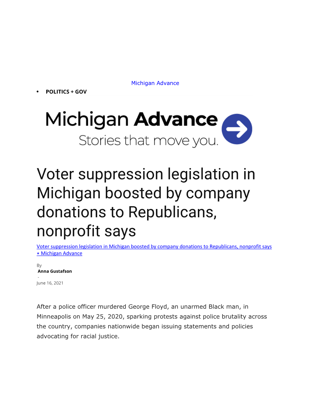 Michigan Advance – Voter Suppression Legislation in Michigan Boosted by Company Donations to Republicans, Nonprofit Says